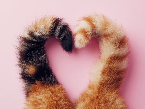 Two cat tails of different colors curl together to create a heart shape against a soft pink background, symbolizing love and companionship between cats.