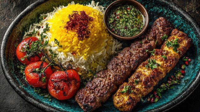 Iran dish Chelo Kabab Saffron rice with grilled meat skewers often served with grilled tomatoes and sumac