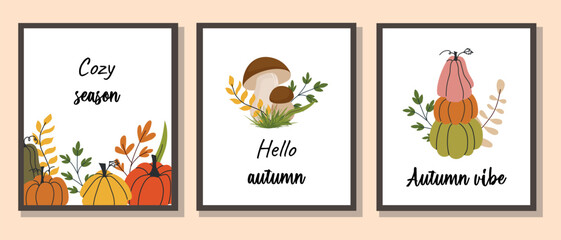Set of three autumn posters featuring hand drawn pumpkins, mushrooms, seasonal leaves, and fall typography including cozy season, hello autumn, and autumn vibe text