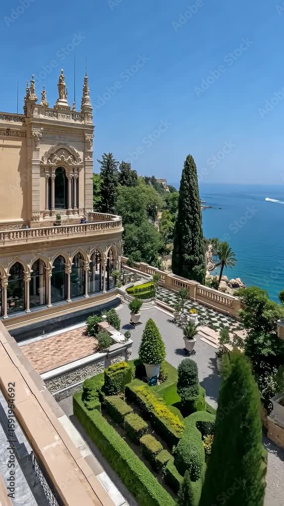 Poster stunning architecture frames vibrant greenery against a tranquil ocean backdrop. a perfect setting t