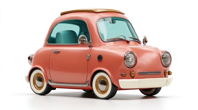 Small and cute cartoon bunchy retro car isolated on white background. 3d illustration 