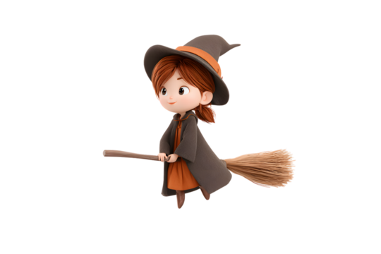 Witch girl flying on broomstick, 3d animation, isolated on a white background, in a simple style, with a transparent PNG 