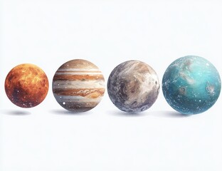 Obraz premium Four planets, stylized, in a row, set against a white background. Each planet has a unique color palette, textures, and highlights