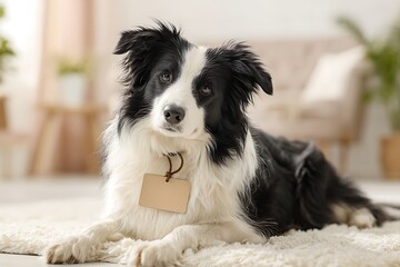 Calm Black And White Border Collie Sitting On A White Rug, With A Small Rectangular Blank Gift Tag Tied To Its Collar. The Tag Hangs Forward Naturally And Is Fully Visible With Clean Space For Add