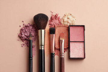Aesthetic arrangement of makeup brushes and powders.