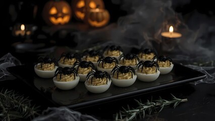 Black widow deviled eggs decorated with olive spiders on a dark platter for a spooky Halloween appetizer