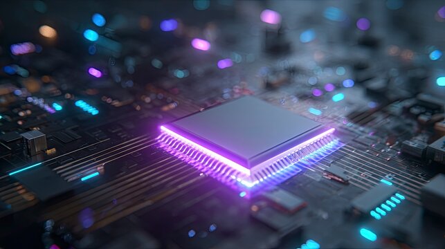 3D render of a digital chip with glowing purple and blue lights representing technology and AI concepts 