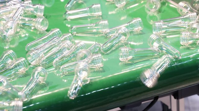 PET bottle preforms line. Plastic bottle preforms on conveyor belt in automated manufacturing system. Industrial injection molding and high speed production in a modern plastic packaging PET factory.
