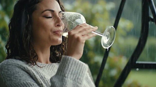 Woman drinks wine in rain