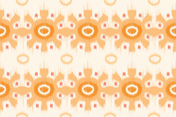 Fototapeta premium Seamless Ikat pattern in warm orange tones with traditional tribal motifs. Ideal for fabric printing, textiles, packaging, home decor, and digital design projects.
