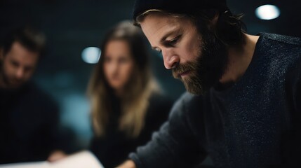 Coworkers collaborating on a design project in a creative studio setting