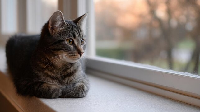 Gray tabby cat sitting on a window sill. the cat is looking out the window with its head tilted slightly to the side. its eyes are wide and alert, and its ears are perked up. - Powered by Adobe