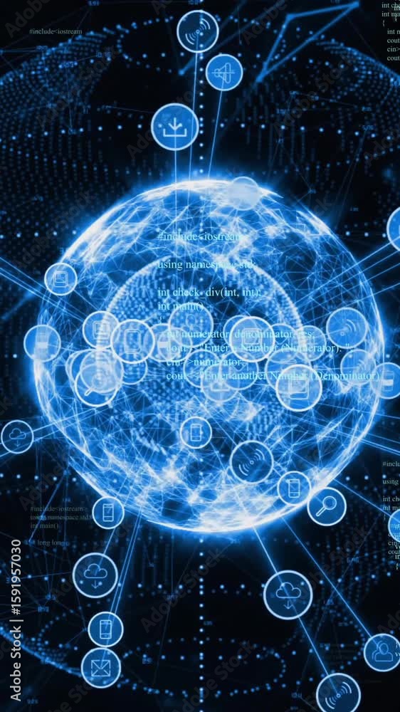 Poster global network connections and data processing animation over digital globe