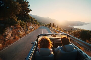 Couple driving convertible along coastal sunset road