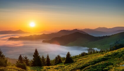 tranquil sunrise over misty mountain landscape with soft morning light