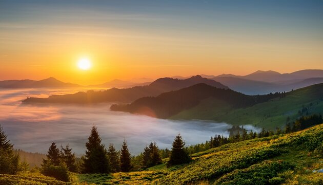 tranquil sunrise over misty mountain landscape with soft morning light