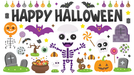 A colorful happy halloween illustration with bats, skeletons, and candy decorations for the holiday