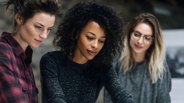 Three designers discussing a moodboard for visual alignment and creative harmony