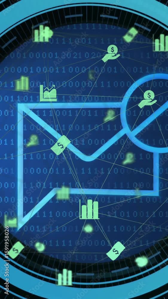 Poster email icon and financial data animation over binary code background