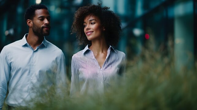 Colleagues walking and talking outside an office building - Powered by Adobe