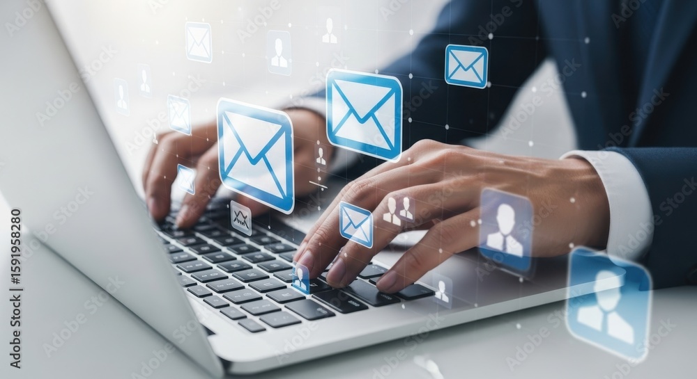 Poster person typing on laptop with digital email and user icons floating above keyboard technology communi