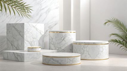 Elegant marble podiums showcase luxurious product displays, perfect for beauty presentations and minimalist marketing campaigns.