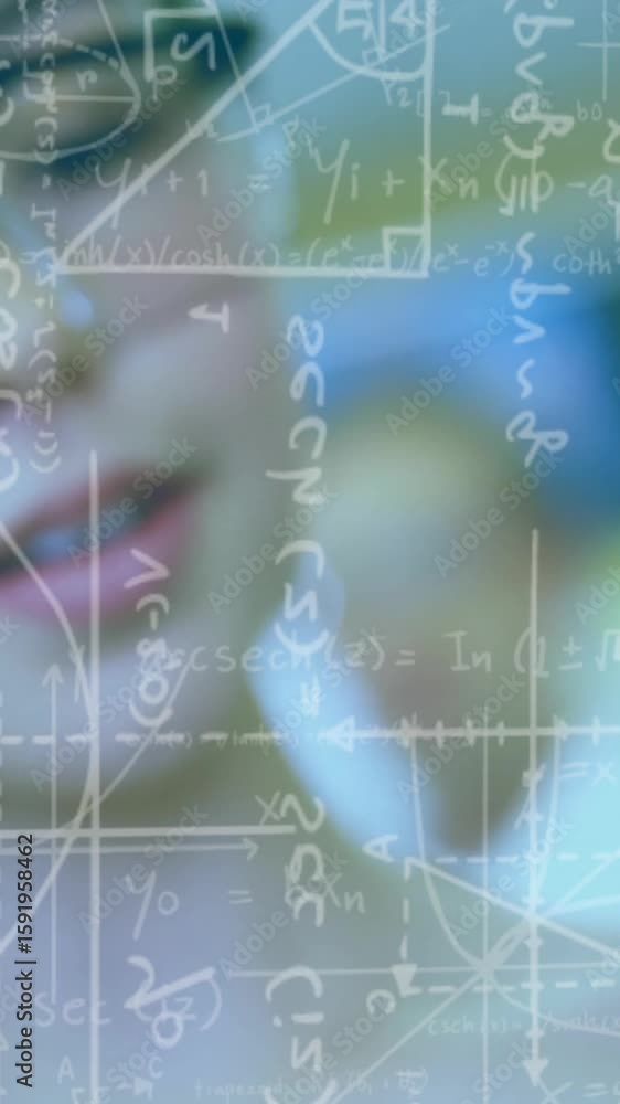 Poster mathematical equations and formulas animation over person working in laboratory