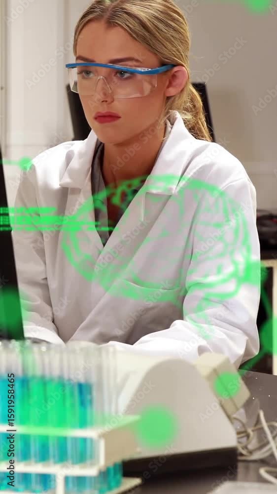 Poster scientist working in lab with chemical data processing animation over equipment