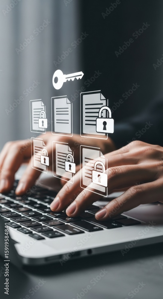 Poster person typing on laptop with digital document security icons and key technology data security
