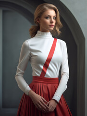 Elegant woman in modern fashion attire poses gracefully against a stylish backdrop showcasing contemporary beauty and design