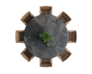 A padded, focused view of an oval yellow table with chairs around it, against a white background, in a top-down view, high-resolution photography.