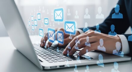 Person typing on laptop with digital email and user icons overlay technology communication