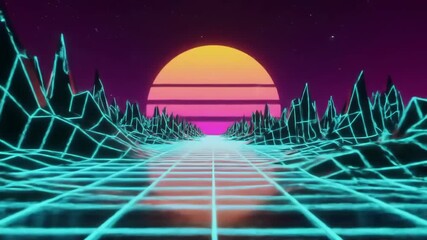 Synthwave sunset over neon grid and wireframe mountains, animated sun rise and pulsing grid - Powered by Adobe