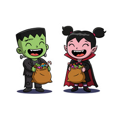 Cartoon Frankensteins monster and vampire girl holding candy bags on a white background