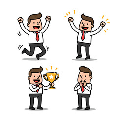 Cartoon man in 4 poses jumping for joy excited holding trophy pleased