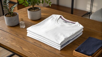Freshly folded white shirts displayed neatly on a wooden table alongside elegant houseplants, showcasing quality apparel and domestic order.