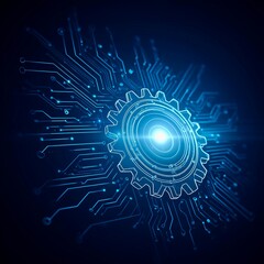  High-tech vector design of a white cogwheel integrated into a futuristic circuit board.