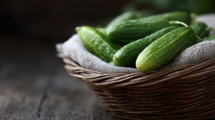 Basket of fresh cucumbers. the basket is made of woven straw and is placed on a wooden surface. the cucumbers are green in color and appear to be freshly picked.