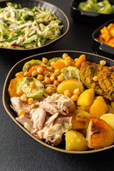 A hearty breakfast features baked sweet potato with carrots and zucchini, chicken breast, lentil cutlets, fresh salad, and kiwi for dessert perfect for a nutritious start