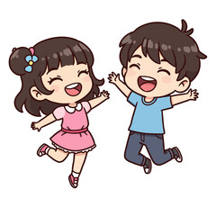 Two cartoon children a girl in a pink dress and a boy in blue are joyfully jumping in the air with open arms
