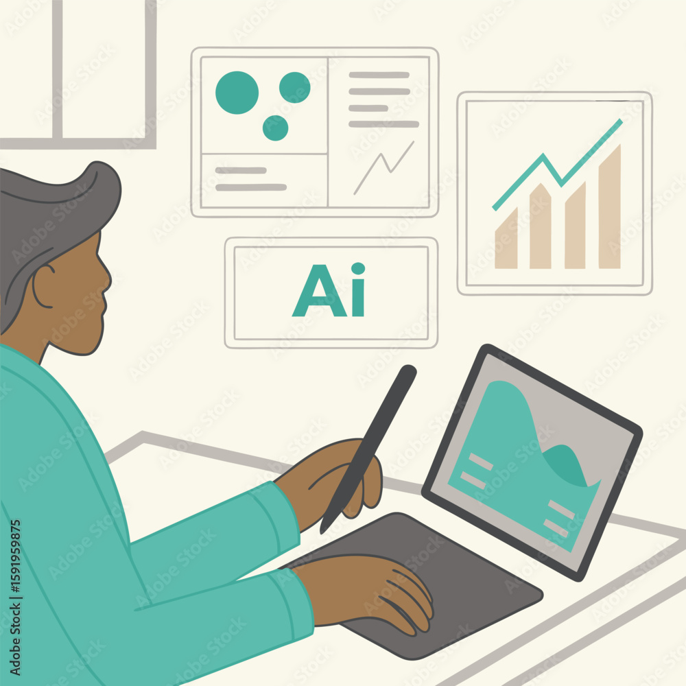 Poster a person is working with artificial intelligence on a tablet, analyzing charts and graphs