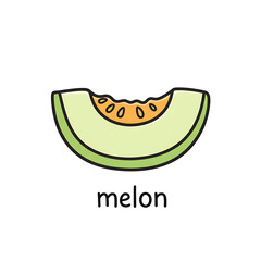 Minimal flat doodle vector illustration of a melon slice with handwritten label