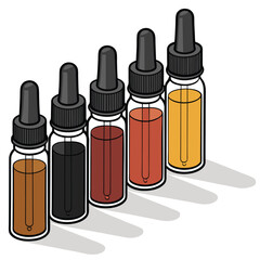 Obraz premium A row of dropper bottles with different colored liquids are isolated on white background, showcasing a variety of essential oils or medicines