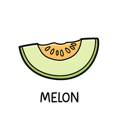 Minimal flat doodle vector illustration of a melon slice with handwritten label