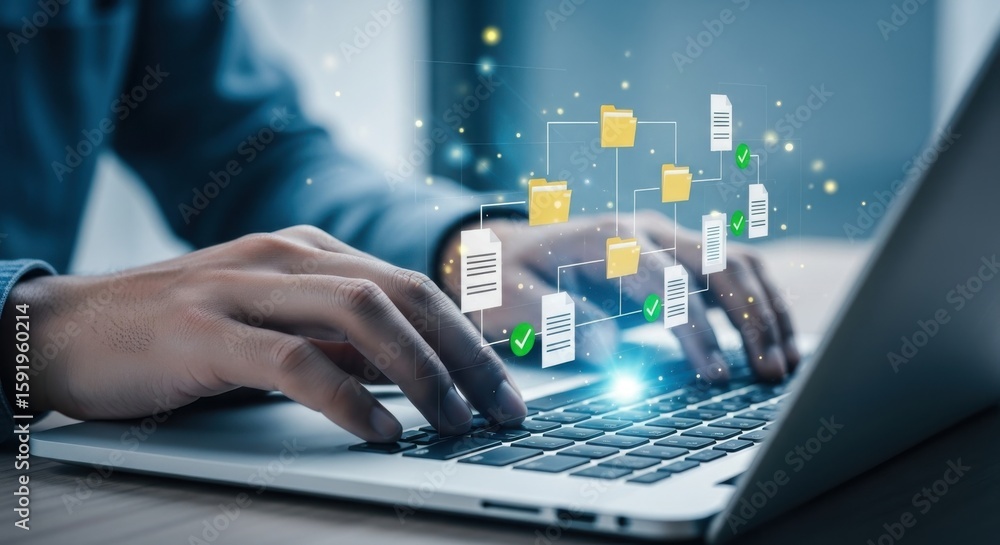 Aufkleber person typing on laptop with digital file organization flowchart and glowing particles technology da