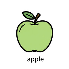 Minimal flat doodle vector illustration of a green apple with handwritten label
