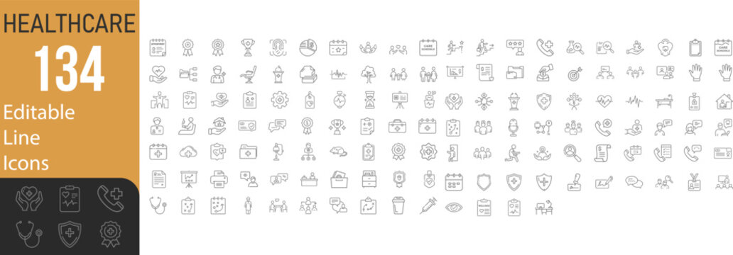 Collection Of Modern Editable Thin Stroke Line Style Medical Healthcare Icons Set Related Health, Pediatrics, Doctor, Treatment, Pictograms, Infographics  For Mobile Apps And More Vector Illustration