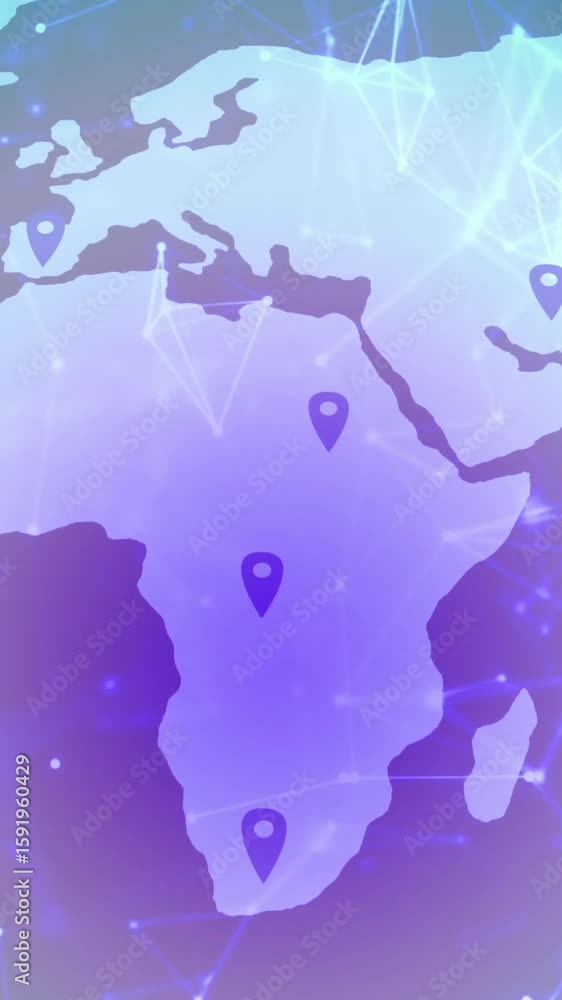Poster map of continents with location markers and network connections animation