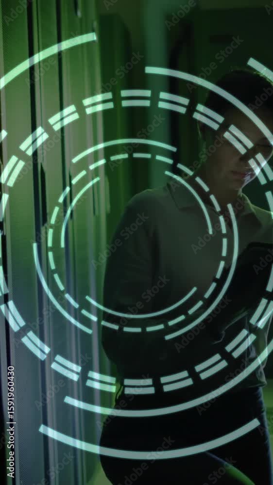 Poster digital target animation over person using tablet in dark server room