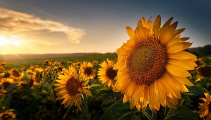 closeup sideview of sunflower in field